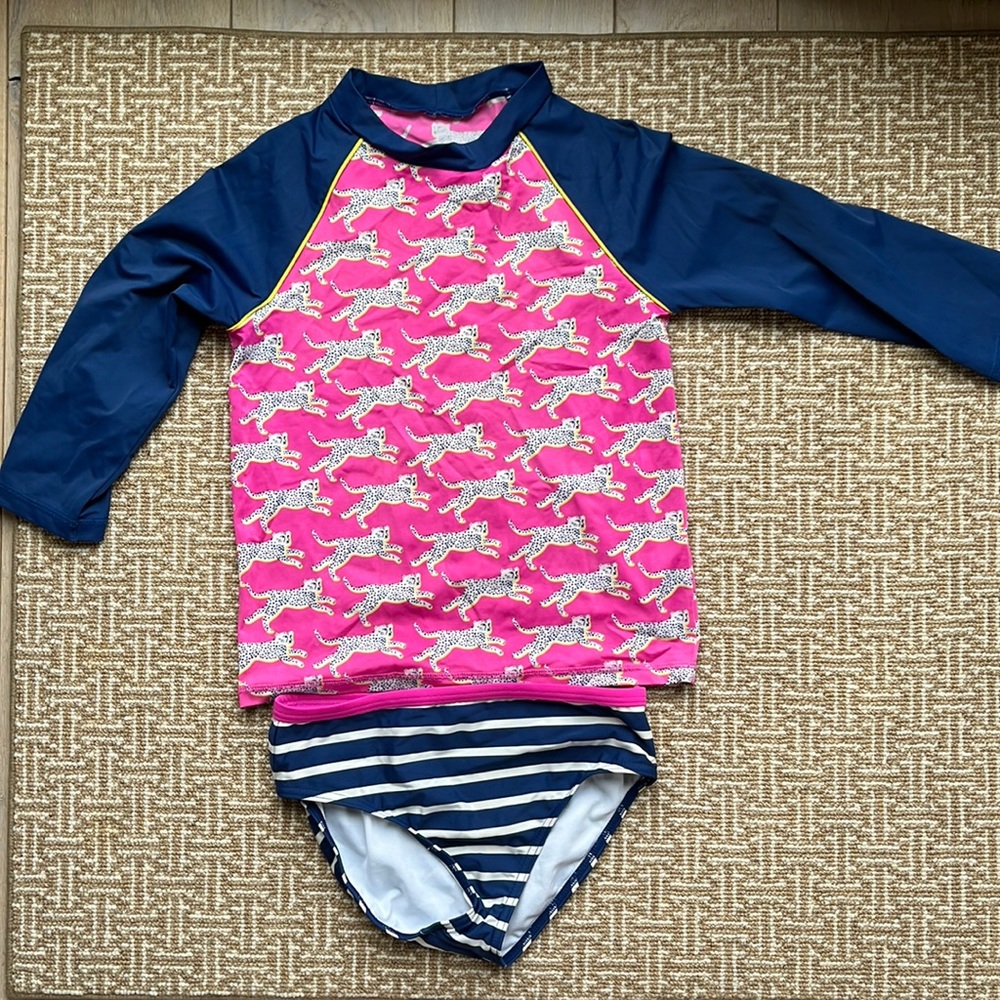 Mini Boden cheetah 🐆 swim set, rash guard and bikini bottom.